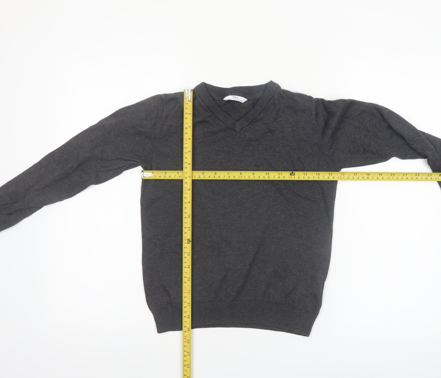 Marks and Spencer Boys Charcoal V-Neck Cotton Jumper 11-12 Years