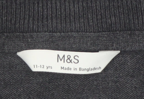 Marks and Spencer Boys Charcoal V-Neck Cotton Jumper 11-12 Years