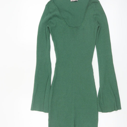 H&M Women’s Green Ribbed Knit Bodycon Dress XS Long Sleeve