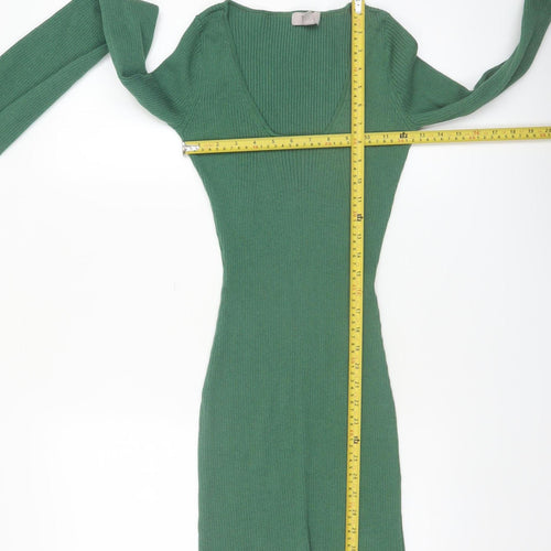 H&M Women’s Green Ribbed Knit Bodycon Dress XS Long Sleeve