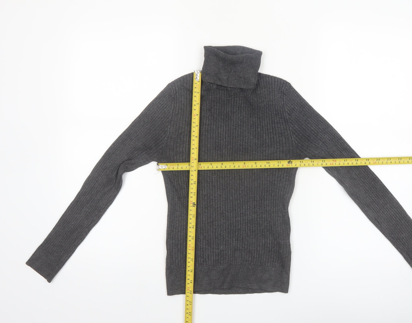 Primark Women Grey Roll Neck Ribbed Knit Jumper Size S