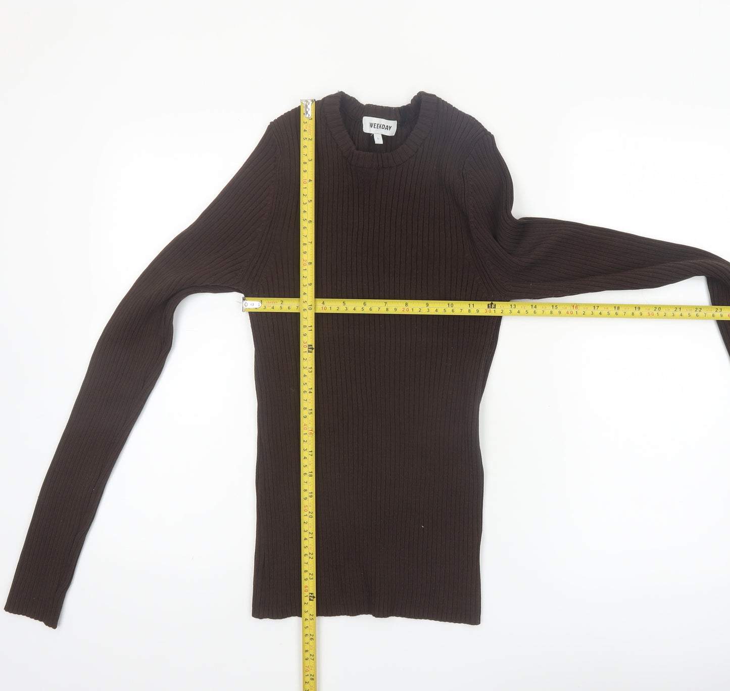 Weekday Women Brown Ribbed Knit Pullover Jumper Size L
