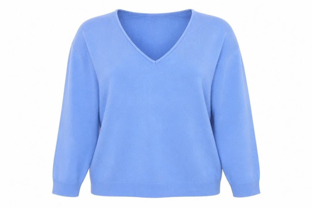 Front view of Bonmarché Women's Blue V-Neck Acrylic Jumper, size 18