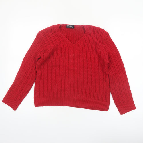 Chic Womens Red Cable-Knit V-Neck Pullover Jumper M/L