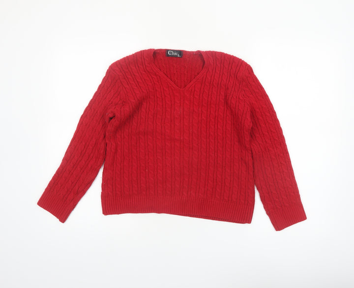 Chic Womens Red Cable-Knit V-Neck Pullover Jumper M/L