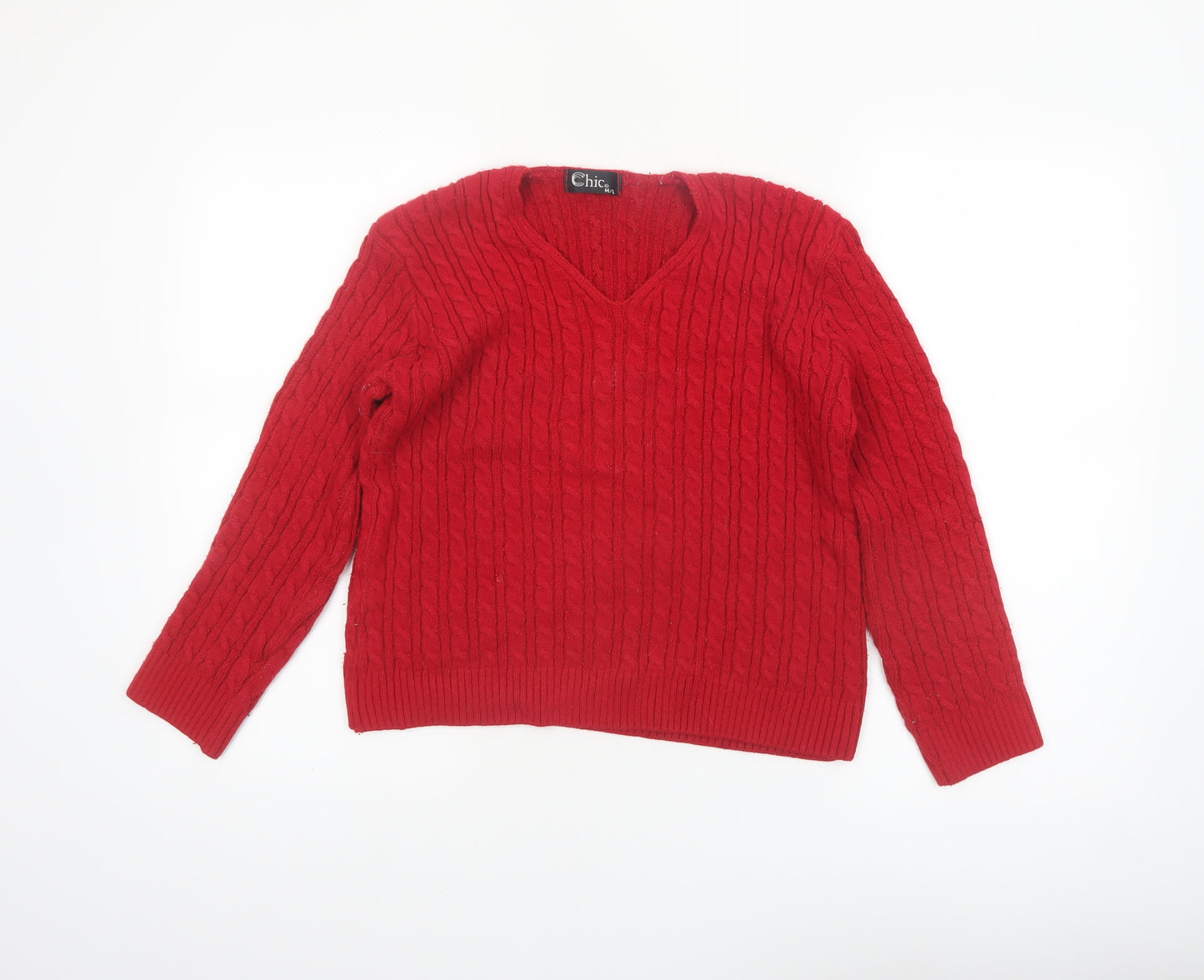 Chic Womens Red Cable-Knit V-Neck Pullover Jumper M/L