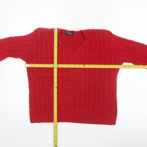 Chic Womens Red Cable-Knit V-Neck Pullover Jumper M/L