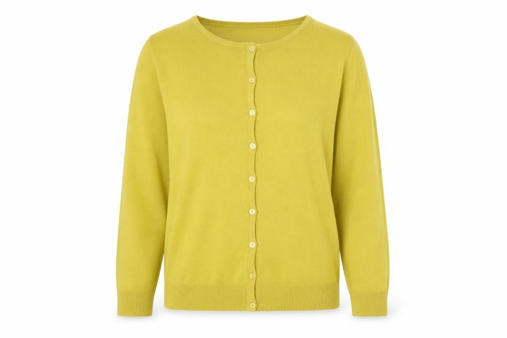 Front view of Isle women’s yellow acrylic button-up cardigan, size M, 14-16