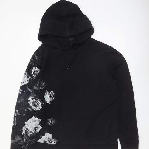 H&M Women’s Black Floral Print Pullover Hoodie Size L