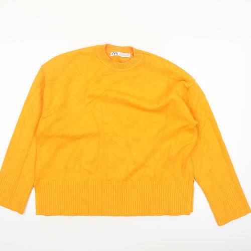 Zara Women's Yellow Crew Neck Knit Jumper Size S