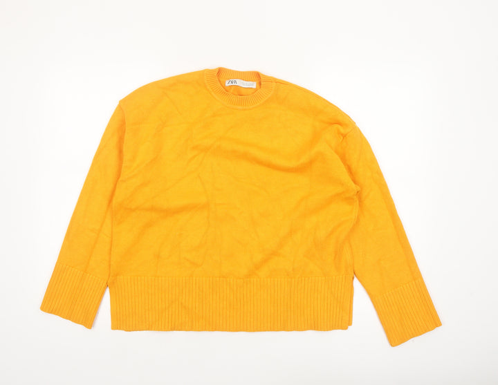 Zara Women's Yellow Crew Neck Knit Jumper Size S