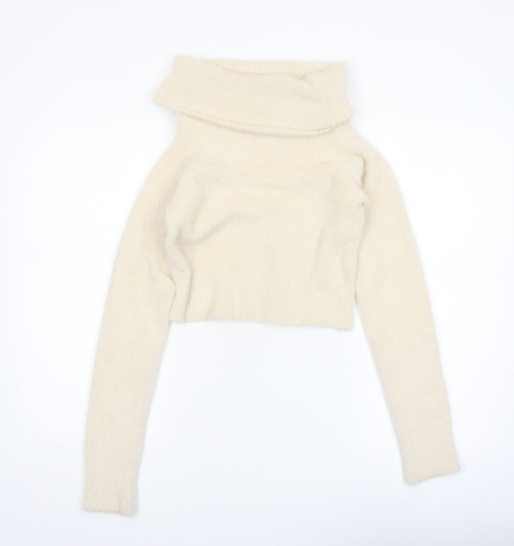 Bershka Women Ivory Cowl Neck Knit Long Sleeve Pullover Jumper M