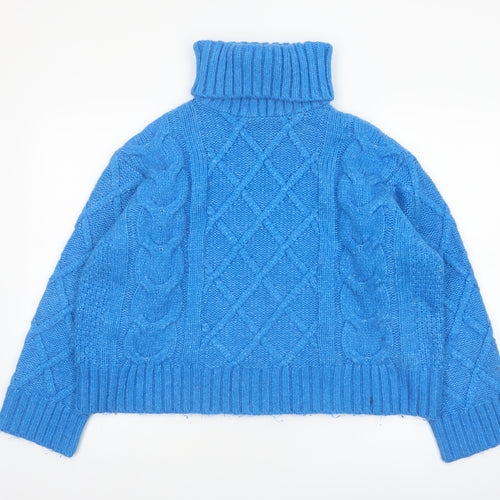 Marks and Spencer Per Una Women's Blue Roll Neck Cable-Knit Jumper L
