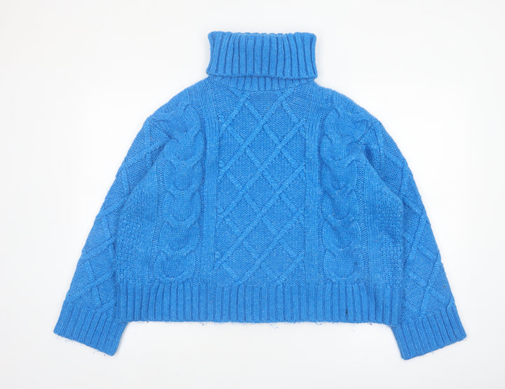 Marks and Spencer Per Una Women's Blue Roll Neck Cable-Knit Jumper L