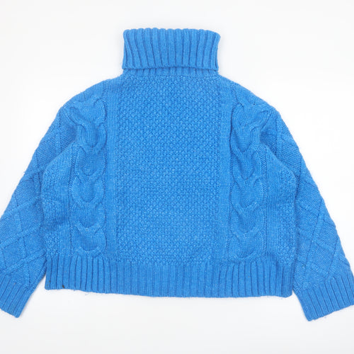 Marks and Spencer Per Una Women's Blue Roll Neck Cable-Knit Jumper L
