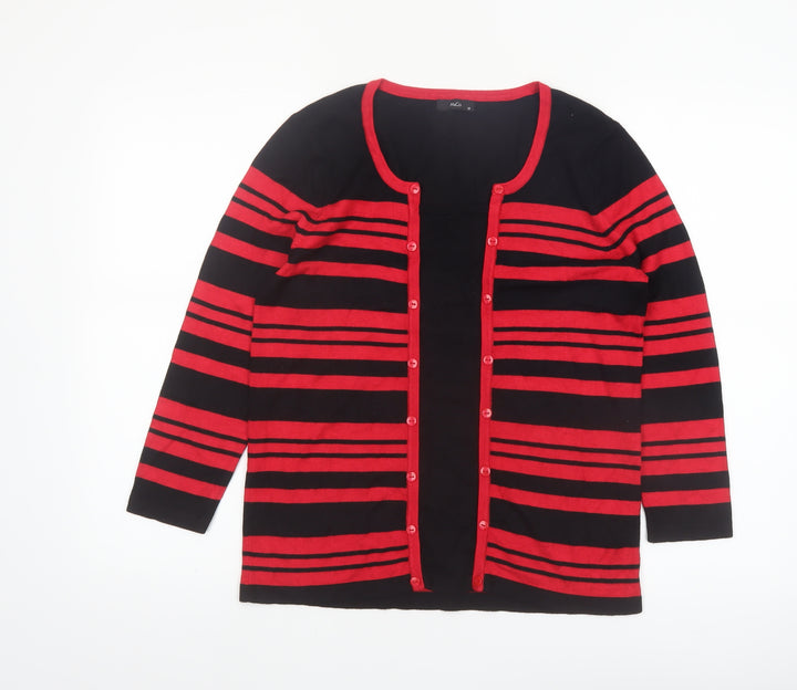 M&Co Women Red Black Striped Long Sleeve Knit Cardigan Size 12