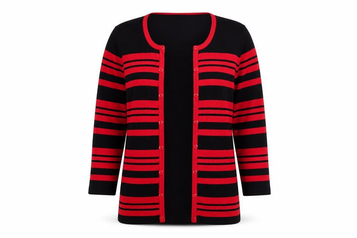 M&Co Women Red Black Striped Long Sleeve Knit Cardigan Size 12