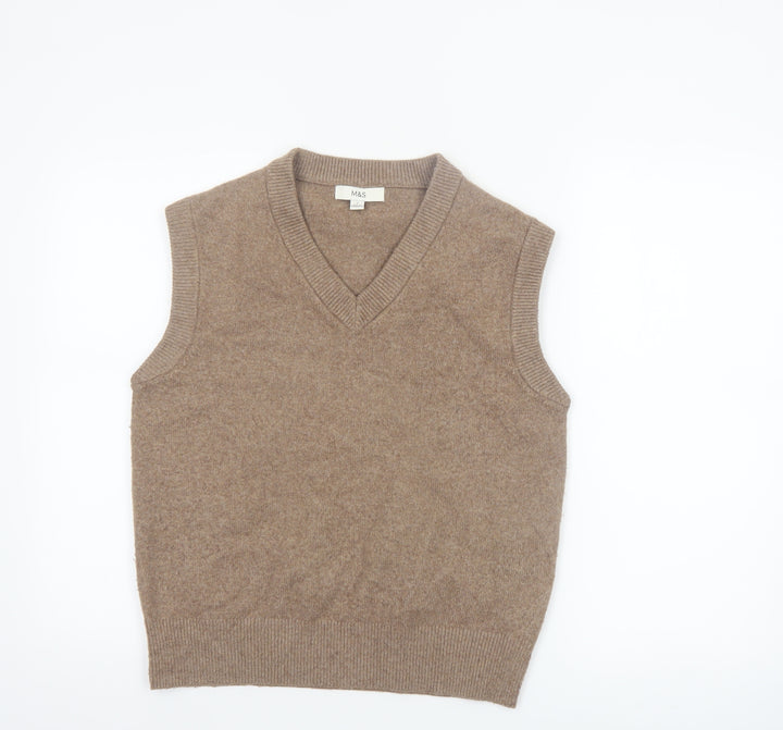 Marks and Spencer Women Beige V-Neck Knit Sleeveless Vest Jumper Size S