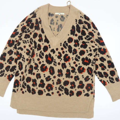 Next Women's Beige Leopard Print V-Neck Acrylic Jumper L