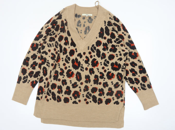 Next Women's Beige Leopard Print V-Neck Acrylic Jumper L
