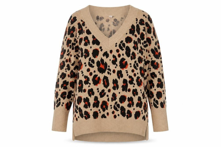Next Women's Beige Leopard Print V-Neck Acrylic Jumper L