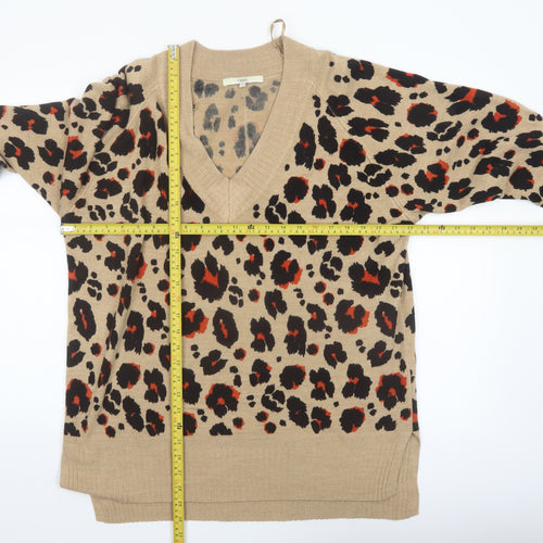 Next Women's Beige Leopard Print V-Neck Acrylic Jumper L