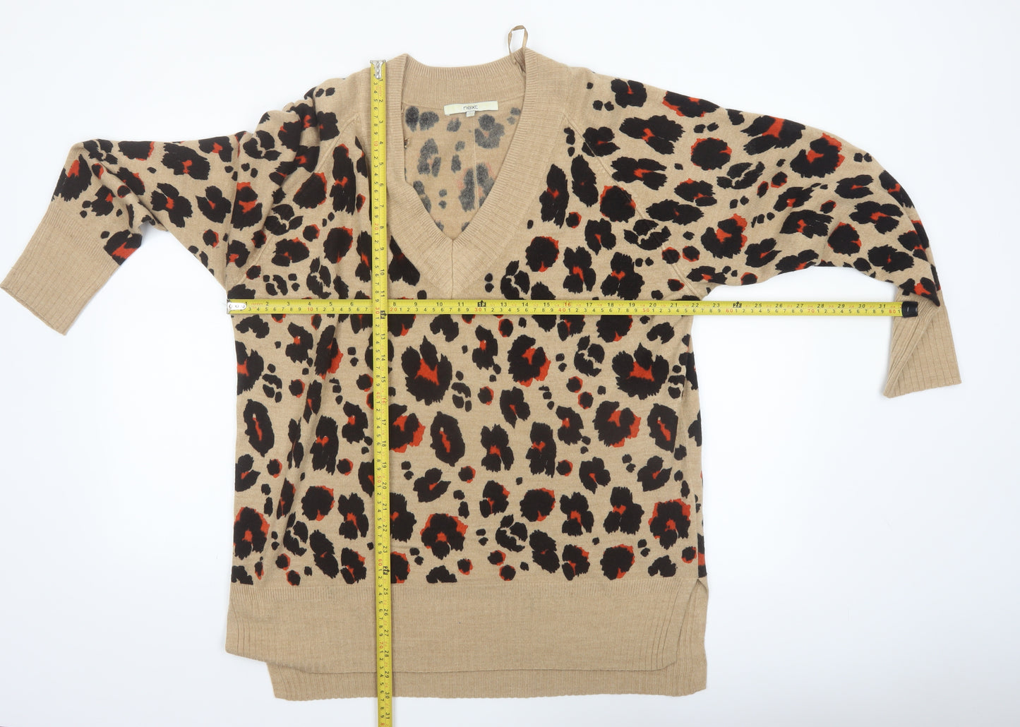 Next Women's Beige Leopard Print V-Neck Acrylic Jumper L