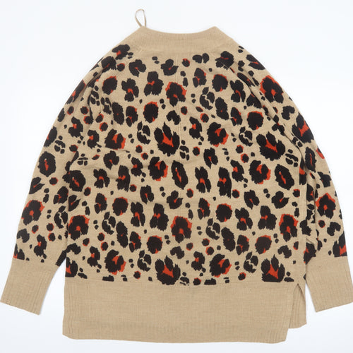 Next Women's Beige Leopard Print V-Neck Acrylic Jumper L