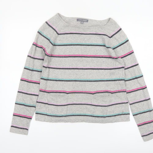 Laura Ashley Women’s Grey Striped Boat Neck Cotton Blend Jumper UK 8