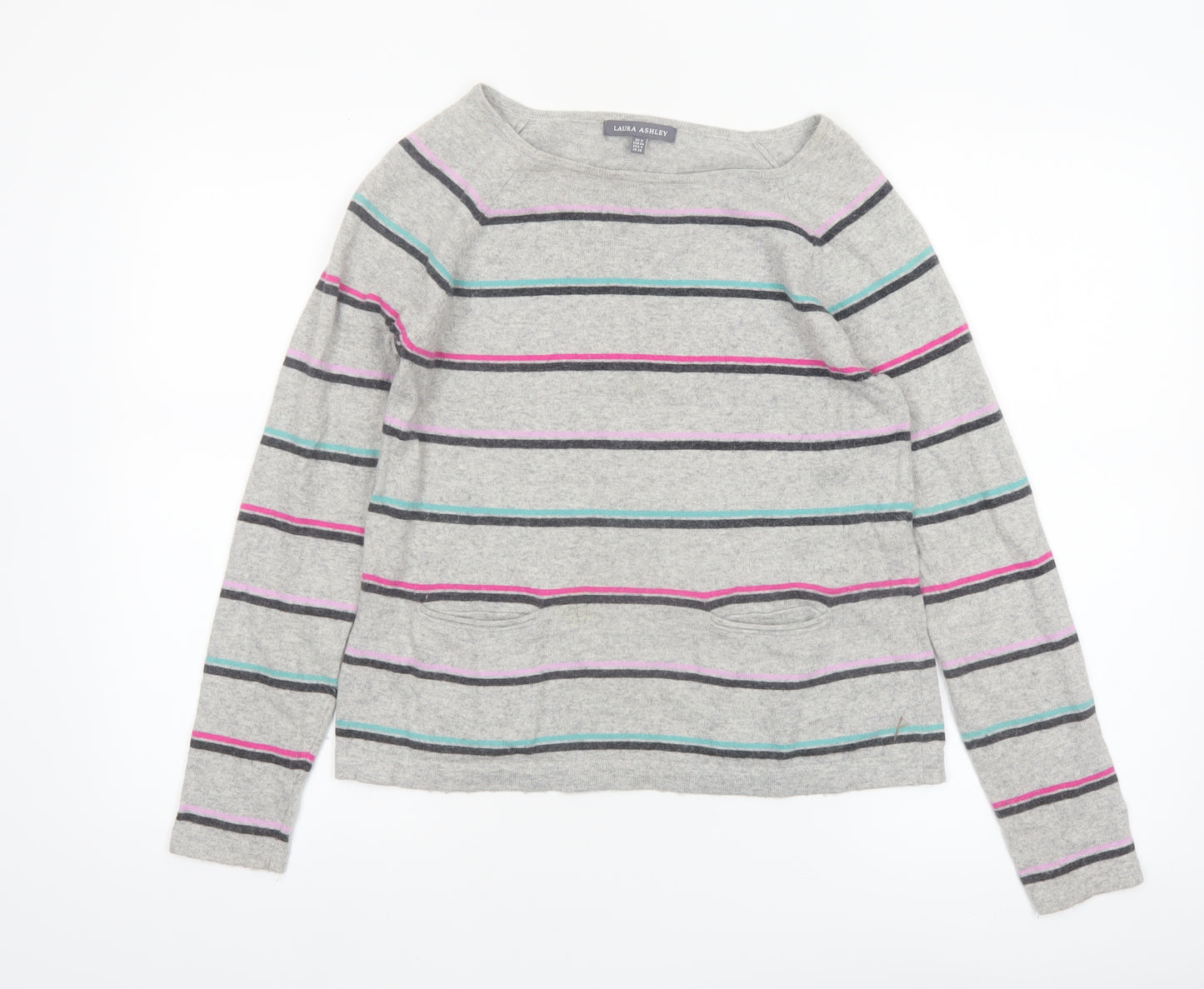 Laura Ashley Women’s Grey Striped Boat Neck Cotton Blend Jumper UK 8