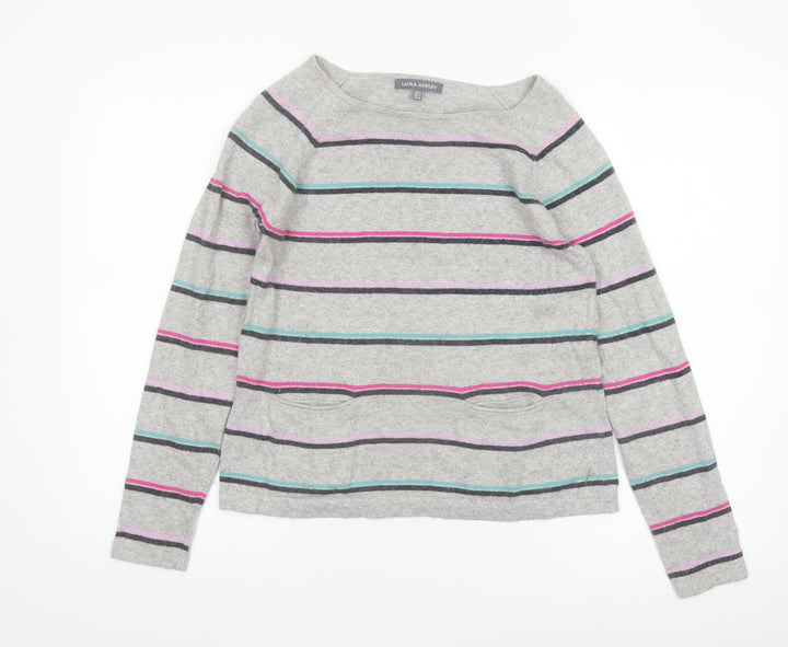 Laura Ashley Women’s Grey Striped Boat Neck Cotton Blend Jumper UK 8