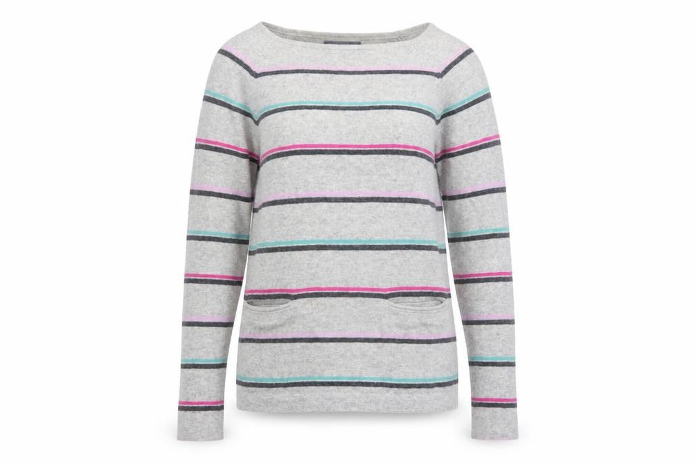 Laura Ashley Women’s Grey Striped Boat Neck Cotton Blend Jumper UK 8