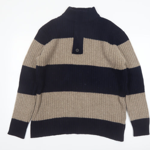 Wolsey Men’s Beige & Navy Lambswool Striped Mock Neck Jumper Size L