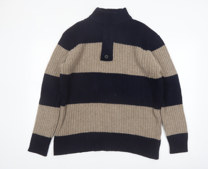 Wolsey Men’s Beige & Navy Lambswool Striped Mock Neck Jumper Size L