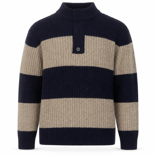 Wolsey Men’s Beige & Navy Lambswool Striped Mock Neck Jumper Size L