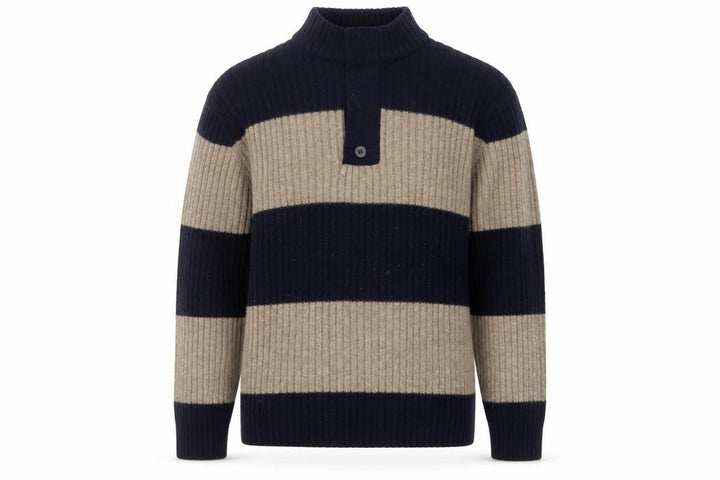 Wolsey Men’s Beige & Navy Lambswool Striped Mock Neck Jumper Size L