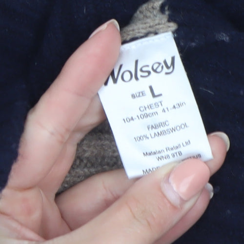Wolsey Men’s Beige & Navy Lambswool Striped Mock Neck Jumper Size L