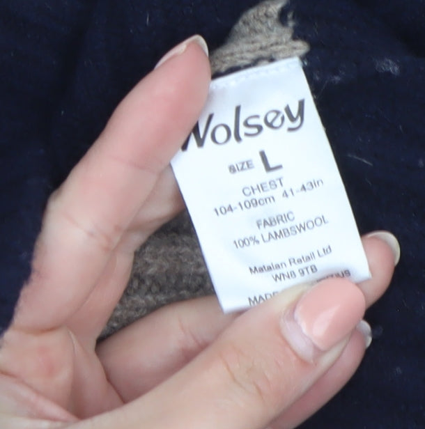 Wolsey Men’s Beige & Navy Lambswool Striped Mock Neck Jumper Size L