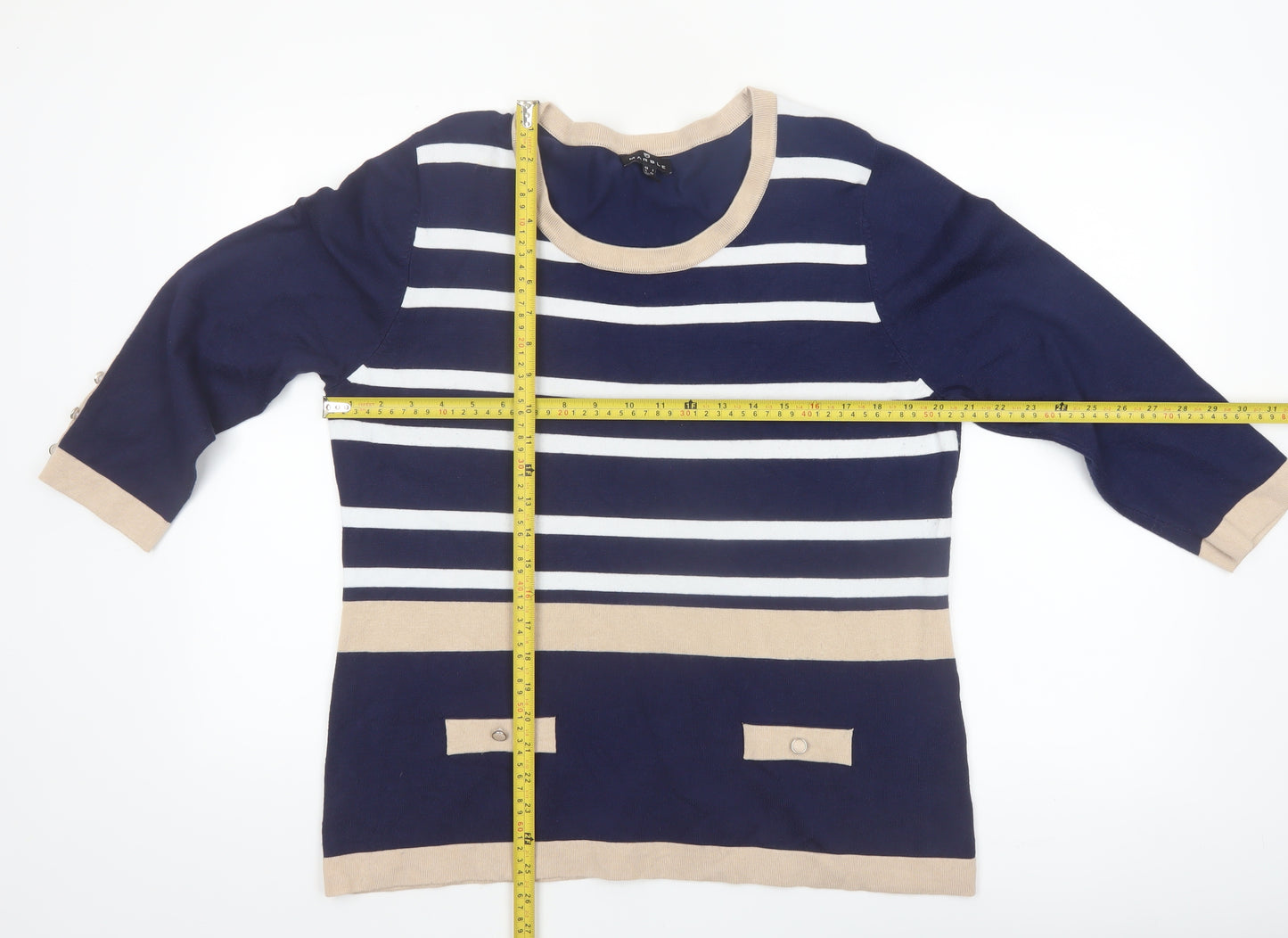 Marble Women’s Blue Striped Lightweight Knit 3/4 Sleeve Pullover Jumper Size 14