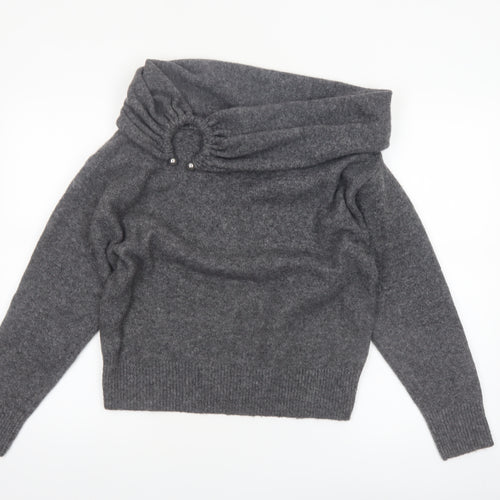 ZARA Women Grey Cowl Neck Beaded Knit Jumper Size S