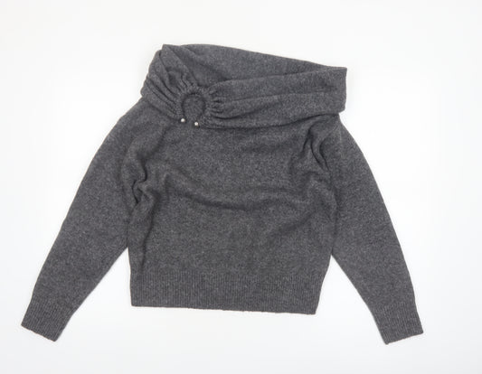 ZARA Women Grey Cowl Neck Beaded Knit Jumper Size S