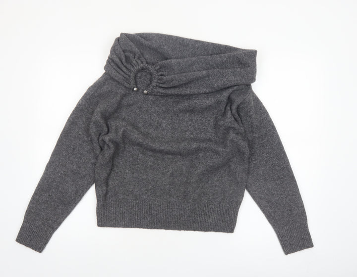 ZARA Women Grey Cowl Neck Beaded Knit Jumper Size S
