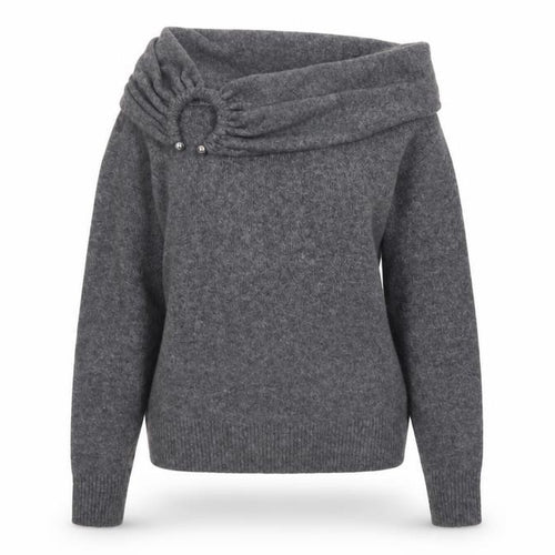 ZARA Women Grey Cowl Neck Beaded Knit Jumper Size S
