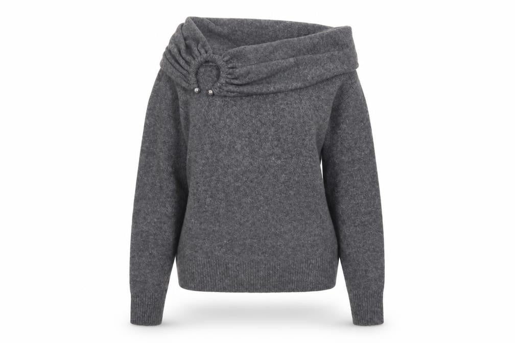 ZARA Women Grey Cowl Neck Beaded Knit Jumper Size S