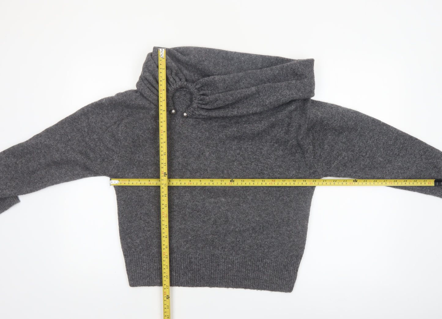 ZARA Women Grey Cowl Neck Beaded Knit Jumper Size S