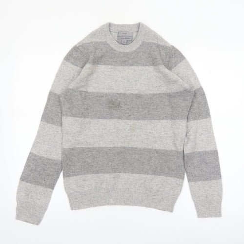 Marks and Spencer Men's Grey Striped Lambswool Crew Neck Jumper XS