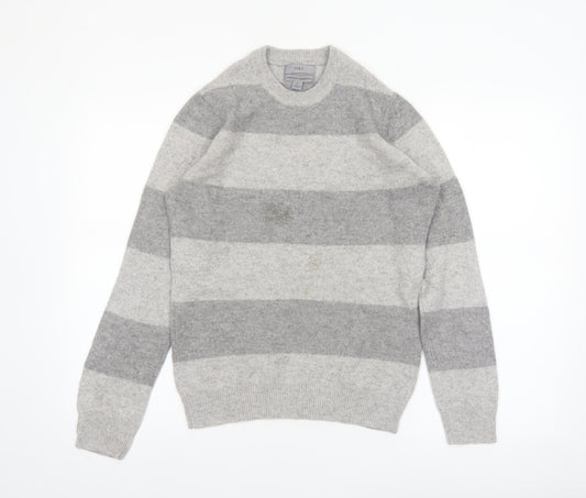 Marks and Spencer Men's Grey Striped Lambswool Crew Neck Jumper XS