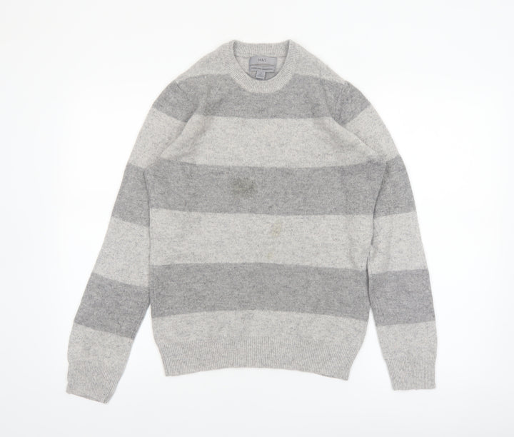 Marks and Spencer Men's Grey Striped Lambswool Crew Neck Jumper XS