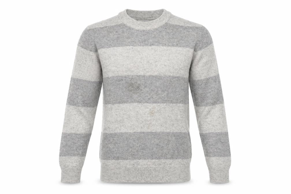 Marks and Spencer Men's Grey Striped Lambswool Crew Neck Jumper XS