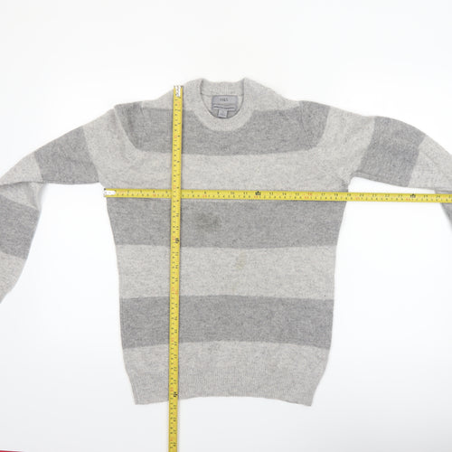 Marks and Spencer Men's Grey Striped Lambswool Crew Neck Jumper XS
